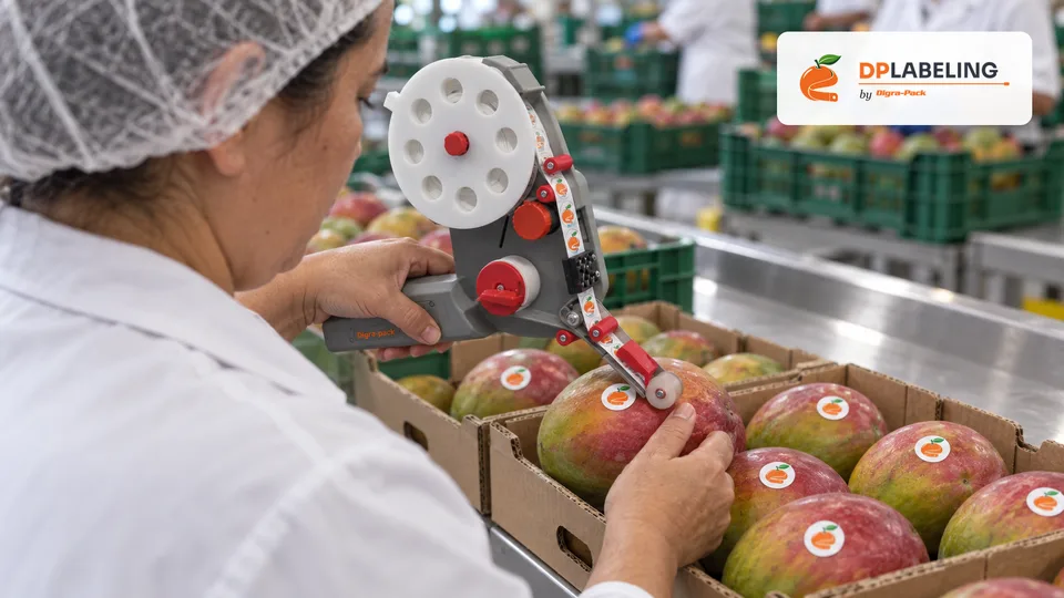Mango labelled with a DP35 hand labeller