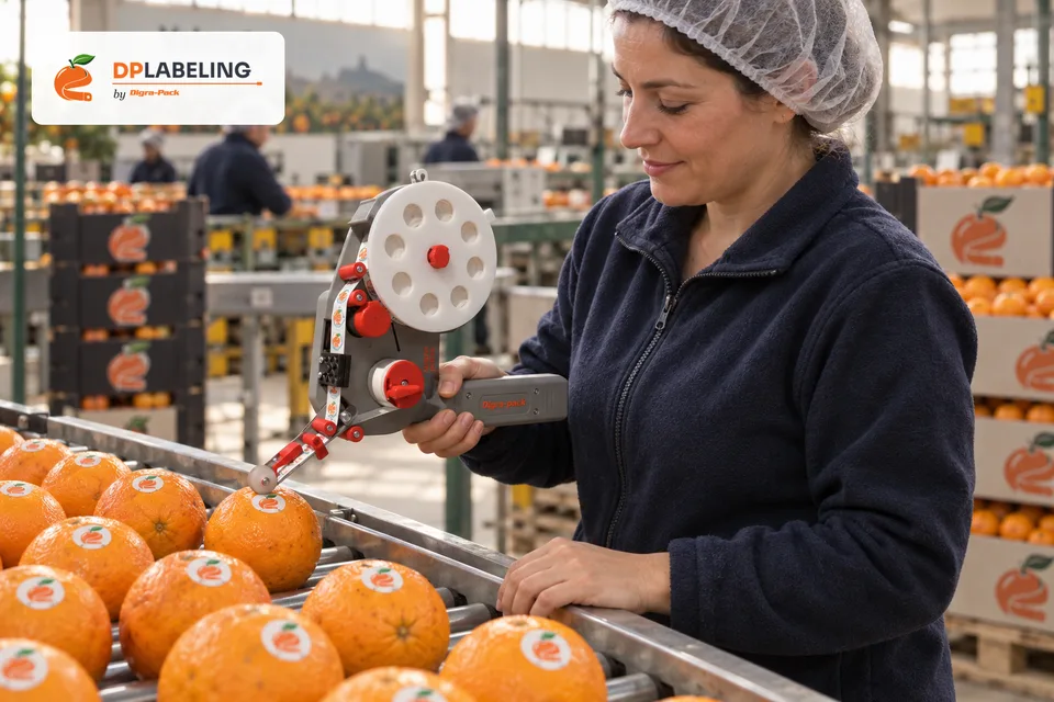 Orange labelled with a DP35 hand labeller