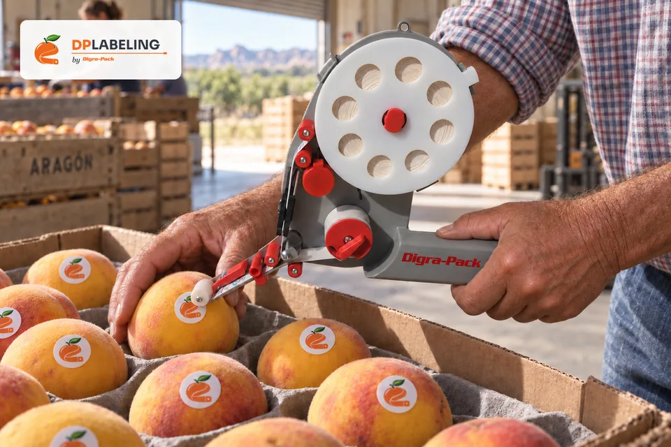Peach labelled with a DP25 hand labeller