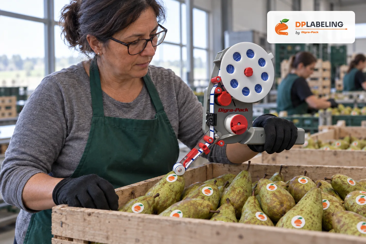 Pear labelled with a DP45 hand labeller
