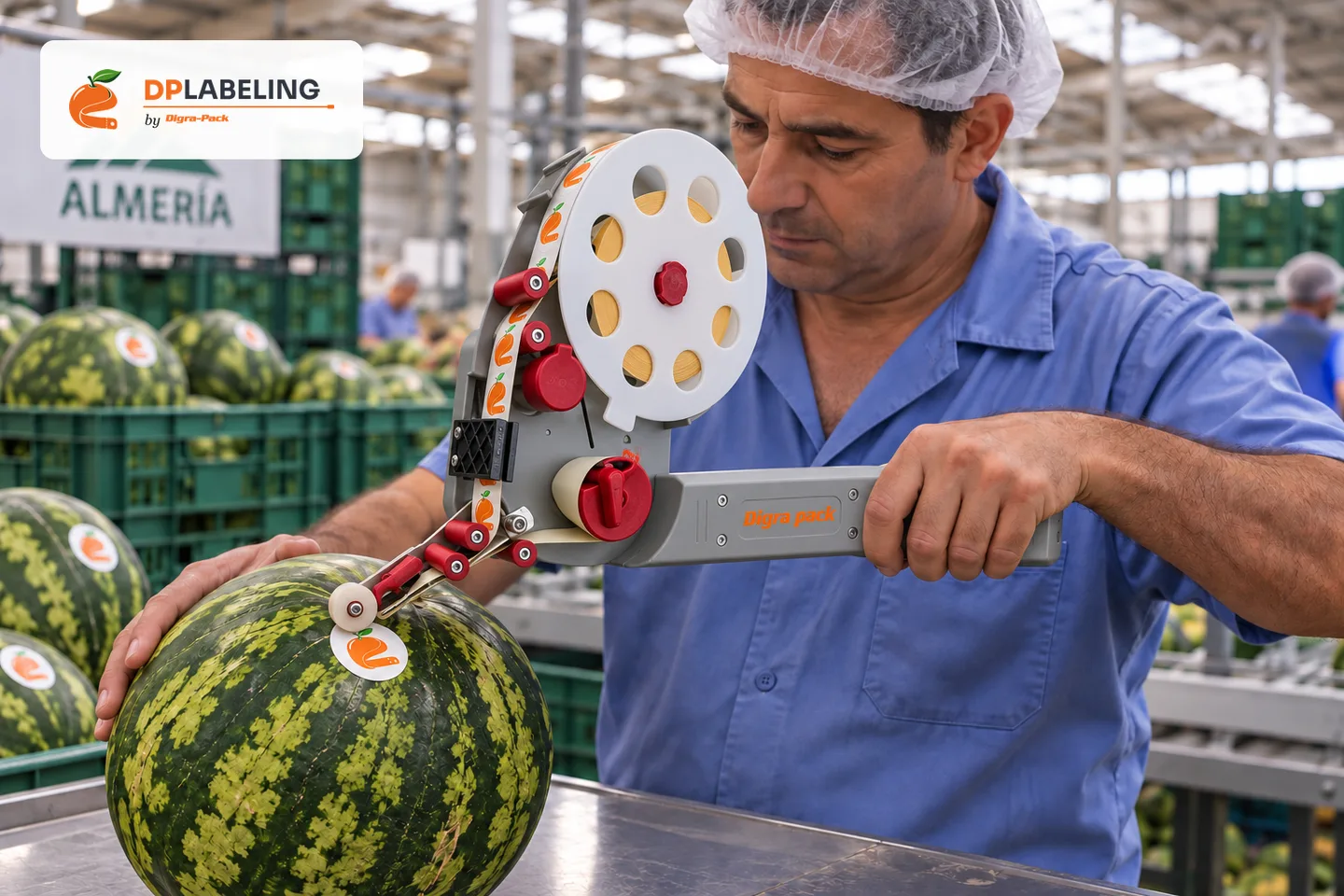 Watermelon labelled with a DP65S hand labeller